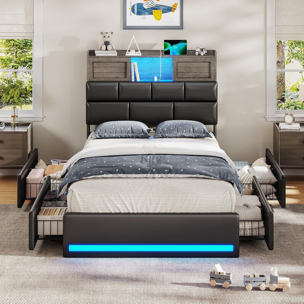 Twin Bed Frame with Bookcase Headboard and Storage, Barn Doors Twin Size Upholstered Beds with 4 Under Bed Storage Drawers & Charging Station & LED Lights, Grey