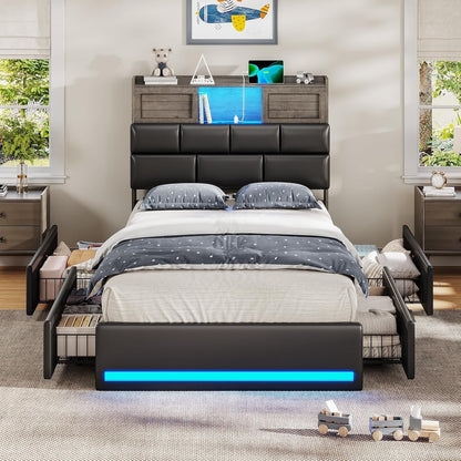 Twin Bed Frame with Bookcase Headboard and Storage, Barn Doors Twin Size Upholstered Beds with 4 Under Bed Storage Drawers & Charging Station & LED Lights, Grey