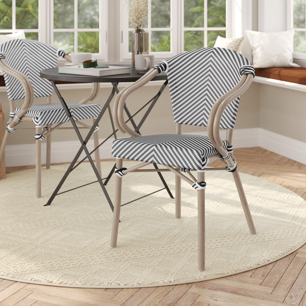 Flash Furniture Marseille Indoor/Outdoor French Bistro Stacking Chair with Arms Black/Natural