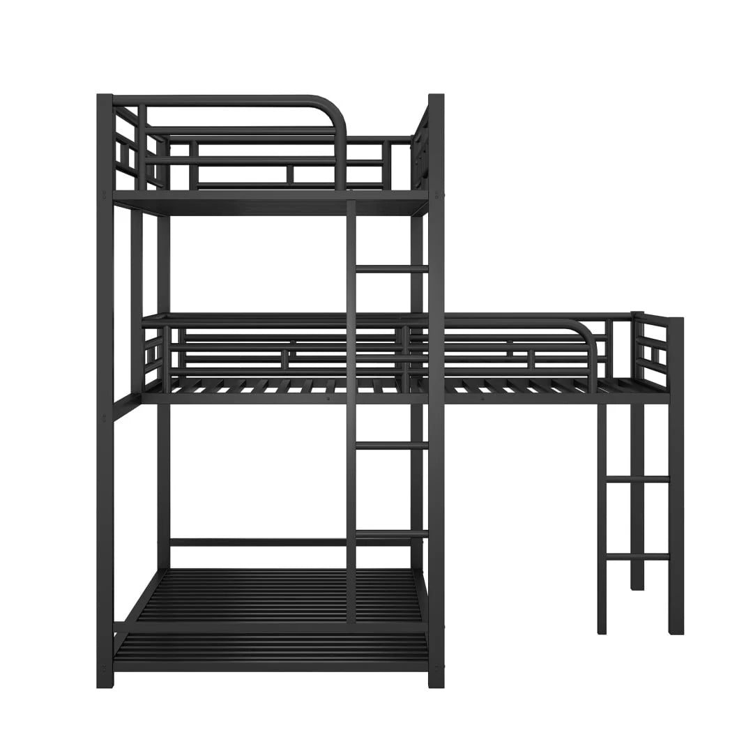 L Shaped Triple Bunk Bed for 3, Metal Triple Twin Size Bunk Beds Frame with Integrated ladder and Full-length Guardrails, Corner Triple Bunk Beds for Kids,Teens and Adults, Black
