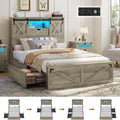 Twin XL Size Bed Frame with Headboard and Drawers, Farmhouse Twin XL Platform Bed Frame with LED Lights and Charging Station, No Box Spring Needed,Gray