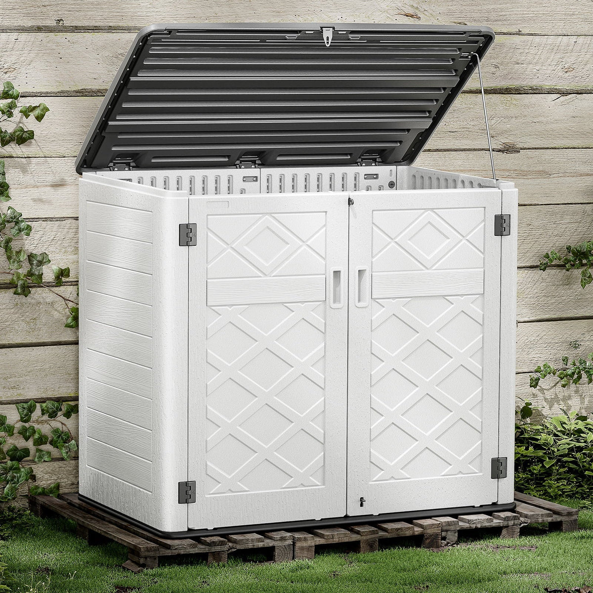 Lofka Outdoor Storage Shed, 49.7 Cu.ft  Large Capacity Storage Shed and Cabinet with Floor for Storing Bike, Garbage Cans and Garden Tools, White