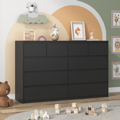 ChVans Black 9 Drawers Dresser with Charging Station, 63" Long Modern Dresser with 9 Drawers for Bedroom, Large Wood Chest of Drawers Handle Free, Dresser for Bedroom, Living Room, Hallway