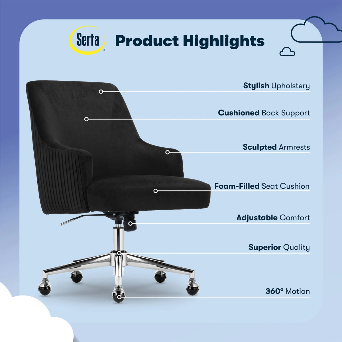 Serta Scarlett Modern Mid-Back Office Chair Velvet Fabric Gold Metal Base Pink
