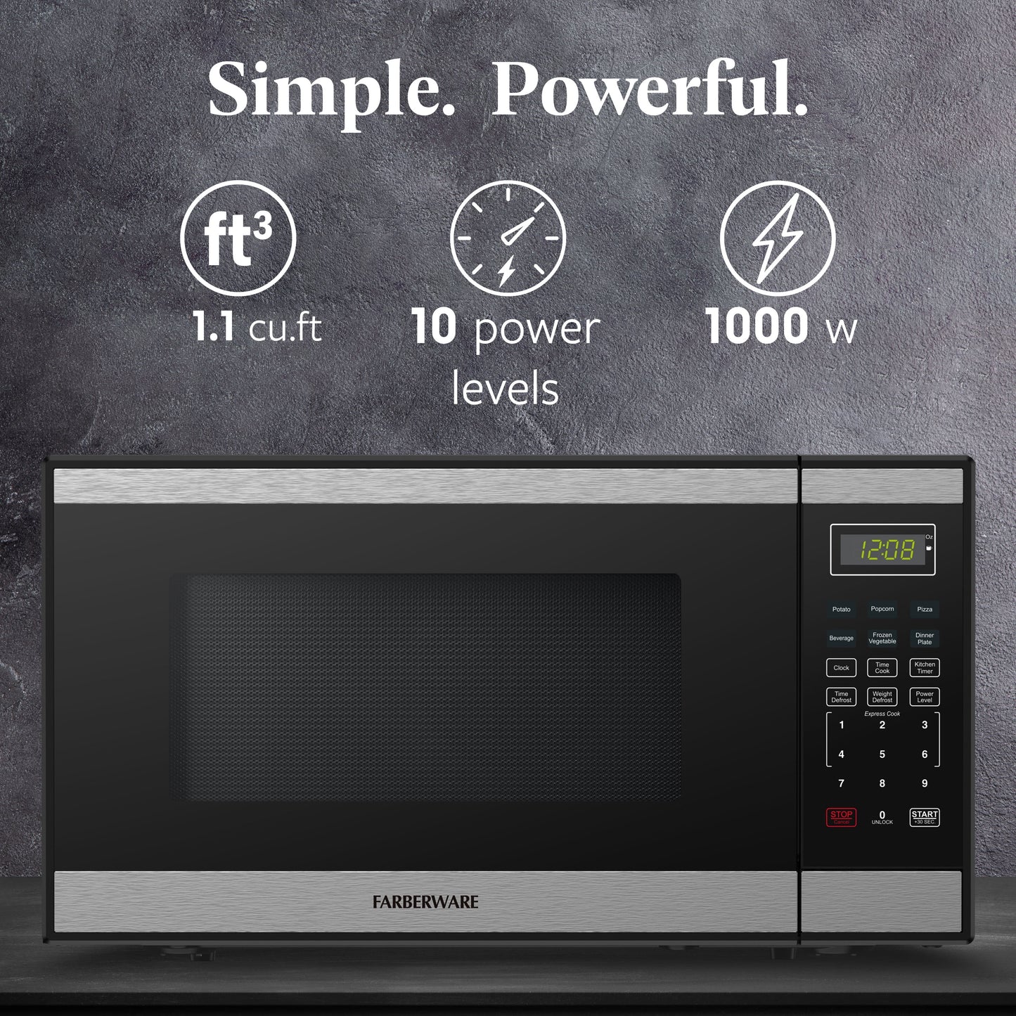 Farberware Countertop Microwave Ov 1100 Watts, 2.2 cu ft - Smart Sensor With LED Lighting and Child Lock - Perfect for Apartments and Dorms - Easy Clean Black Interior, Stainless Steel