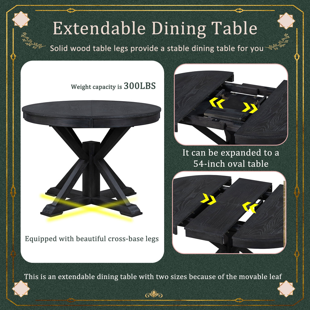 Besthome Farmhouse Extendable Round Kitchen Dining Room Table Set with Upholstered Chairs of 4, 5 Piece Round Dining Table Set with Extendable Table, Espresso
