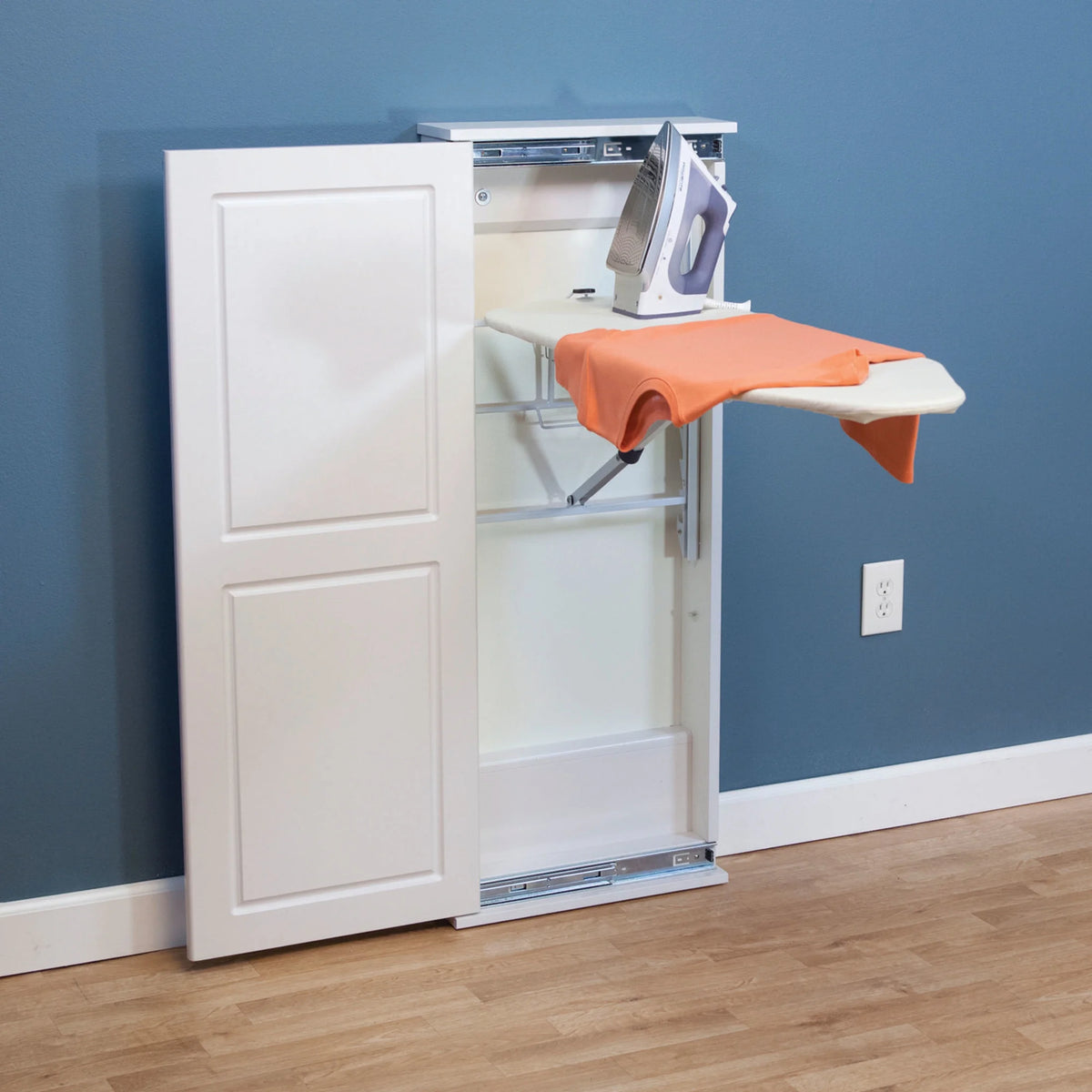 Household Essentials Iron a??n Fold Wall Ironing Board Cabinet, Built-In Ironing Board, Sturdy MDF, Melamine Cabinet, 7 Height Settings, Mounts Securely to Wall, Includes Pad with Cover, White