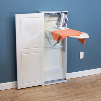 Household Essentials Iron a??n Fold Wall Ironing Board Cabinet, Built-In Ironing Board, Sturdy MDF, Melamine Cabinet, 7 Height Settings, Mounts Securely to Wall, Includes Pad with Cover, White