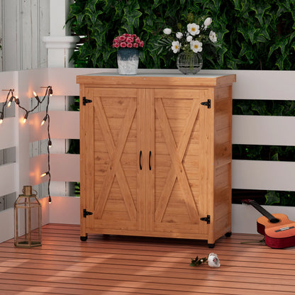 Tcbosik Outdoor Storage Cabinet & Potting Bench Table, Wooden Patio Furniture with Metal Top, Garden Workstation for Backyard, Lawn, Deck, Balcony, Gray