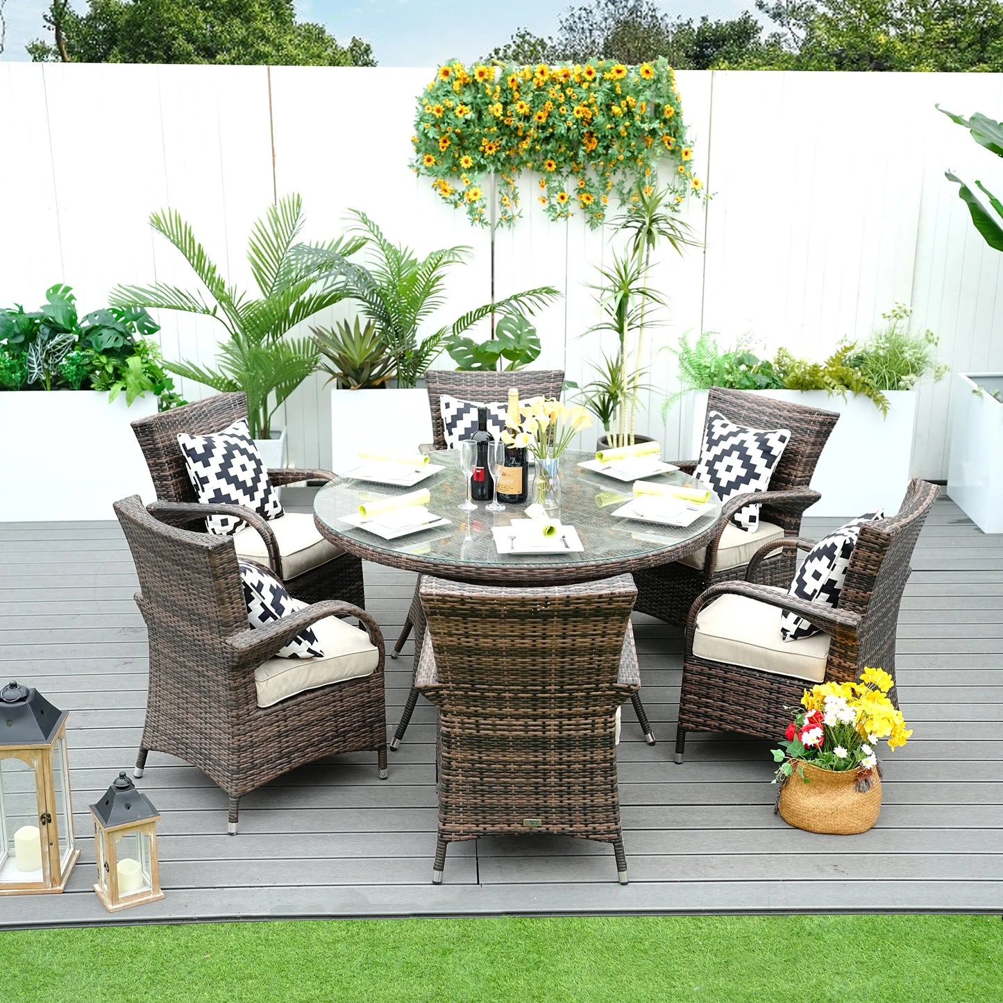 Direct Wicker 7 Piece Patio Dining Set with Rattan Chairs and Cushions, Grey