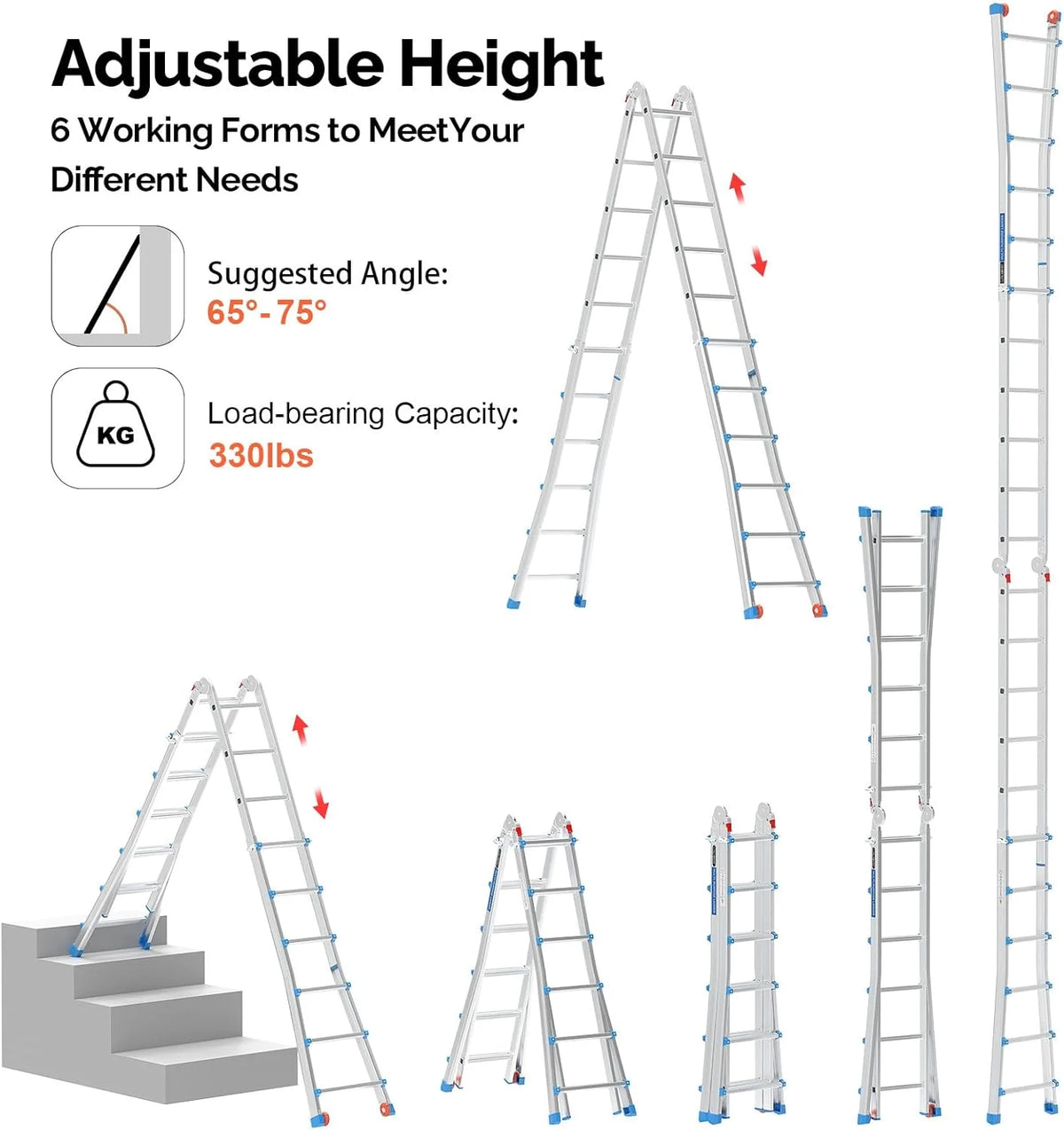 LUISLADDERS Ladder, A Frame 6 Step Ladder Telescoping Ladder, 22 Ft Reach Height Muti Position Folding Ladder Flared Leg & Wheels Design, 330 lbs Capacity Extension Ladder for Household Outdoor Work