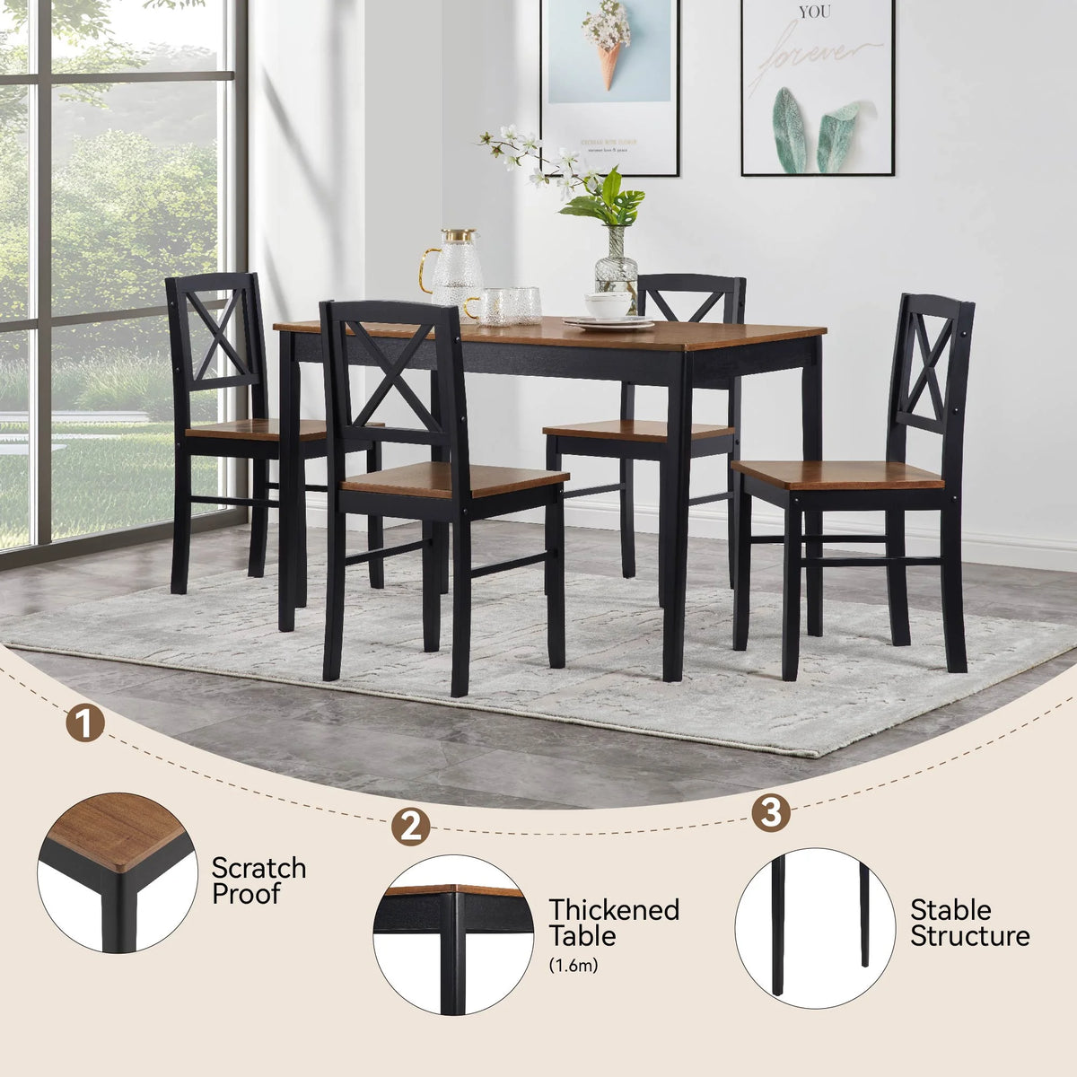 MAYEERTY Eco-Friendly Solid Wood Dining Set �?Sustainable Dining Table with Black Metal Accents for Home & Restaurant,Light Brown