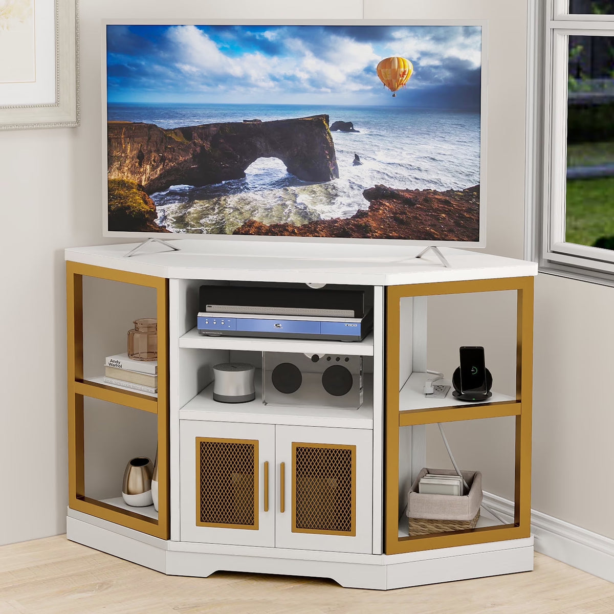 Dextrus Farmhouse Corner TV Stand for TVs up to 55 inch with Power Outlet, Wood Entertainment Center, TV Media Console with Storage, White Oak