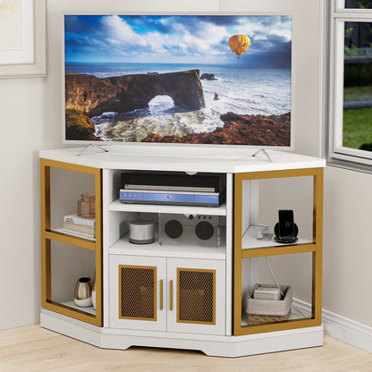 Dextrus Farmhouse Corner TV Stand for TVs up to 55 inch with Power Outlet, Wood Entertainment Center, TV Media Console with Storage, White Oak