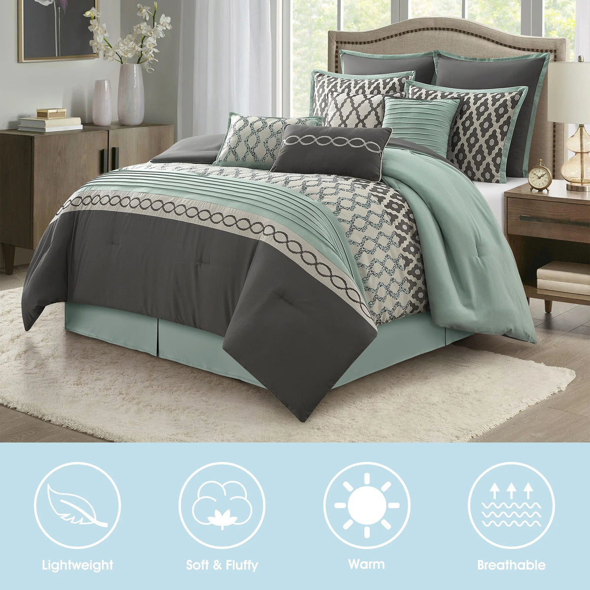 LANCO MODERN LIFESTYLE King Size Comforter Set, Burgundy, 10 Piece Bed in a Bag for All Seasons, Luxury Extreme Comfort Bedding Sets with Bedskirt, Pillow Shams, Euro Shams and Decor Pillows