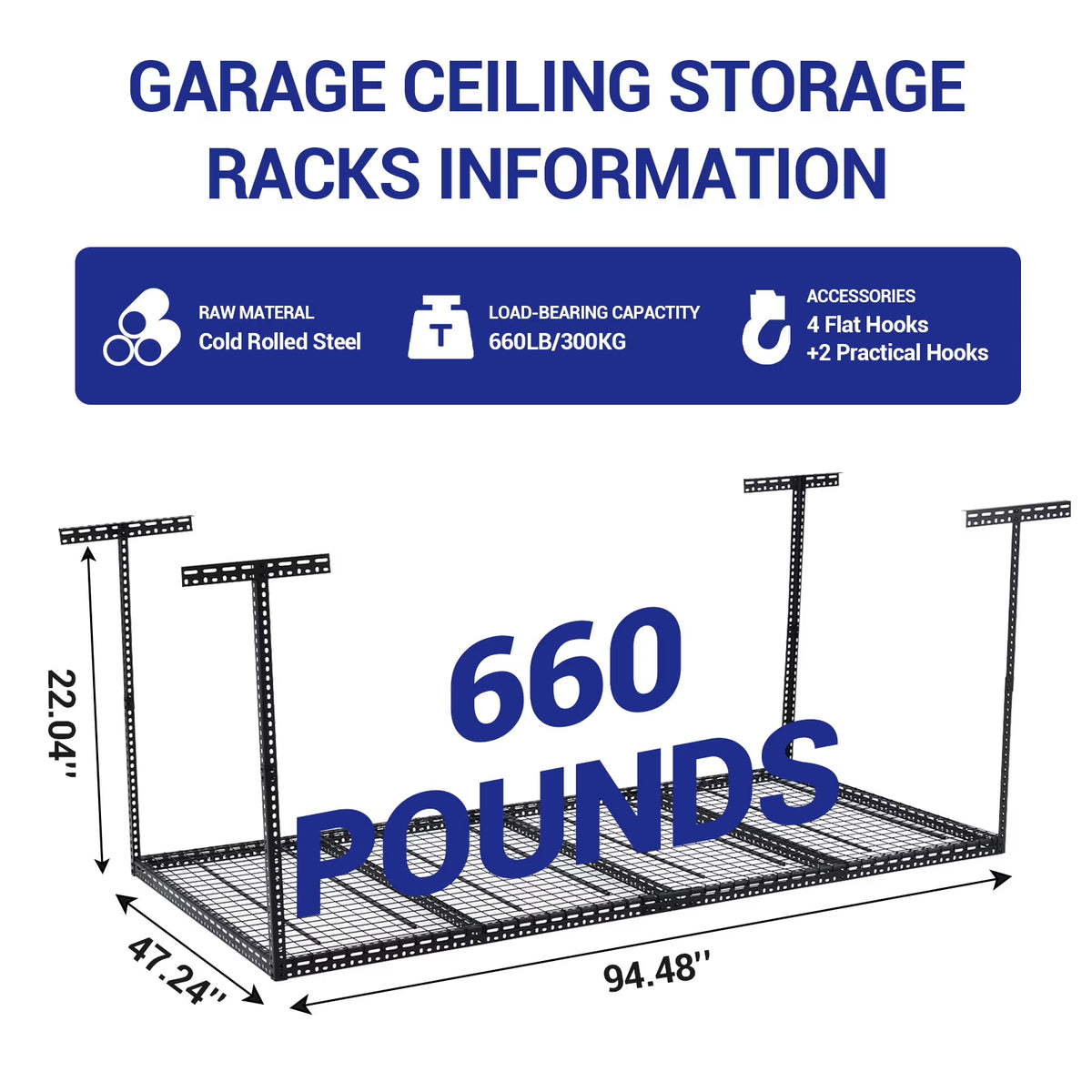 Overhead Garage Storage Rack - Heavy Duty 300kg Capacity, Adjustable 56-100cm Height, 180x120cm Black Steel Shelving with Hooks for Garage Organization
