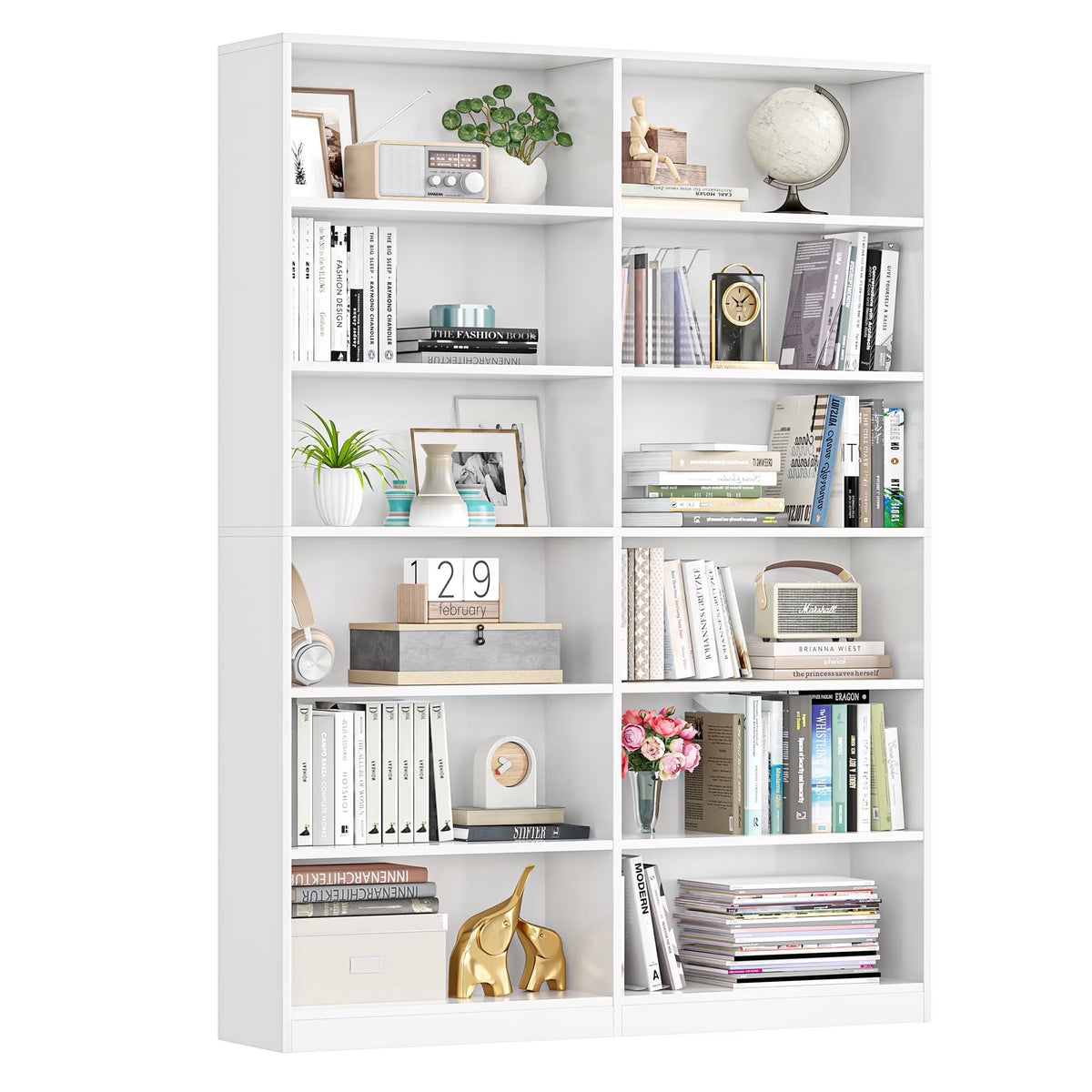 Homfa 74.3�� Double Wide 6-Tier Bookcase, Extra Large Wooden Freestanding Display Bookshelf for Home Office Living Room, White