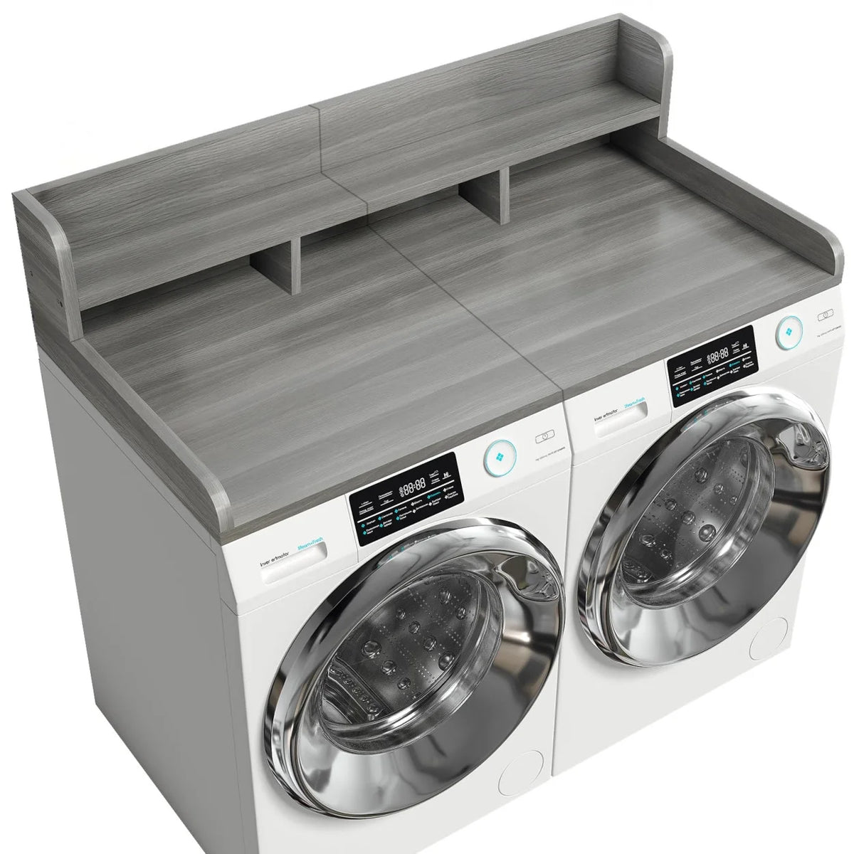 Wood 2-Tier Washer Dryer Countertop with Edge Rails, 54" W x 27.5" D Washer and Dryer Topper for Laundry Room Organization and Storage, Walnut