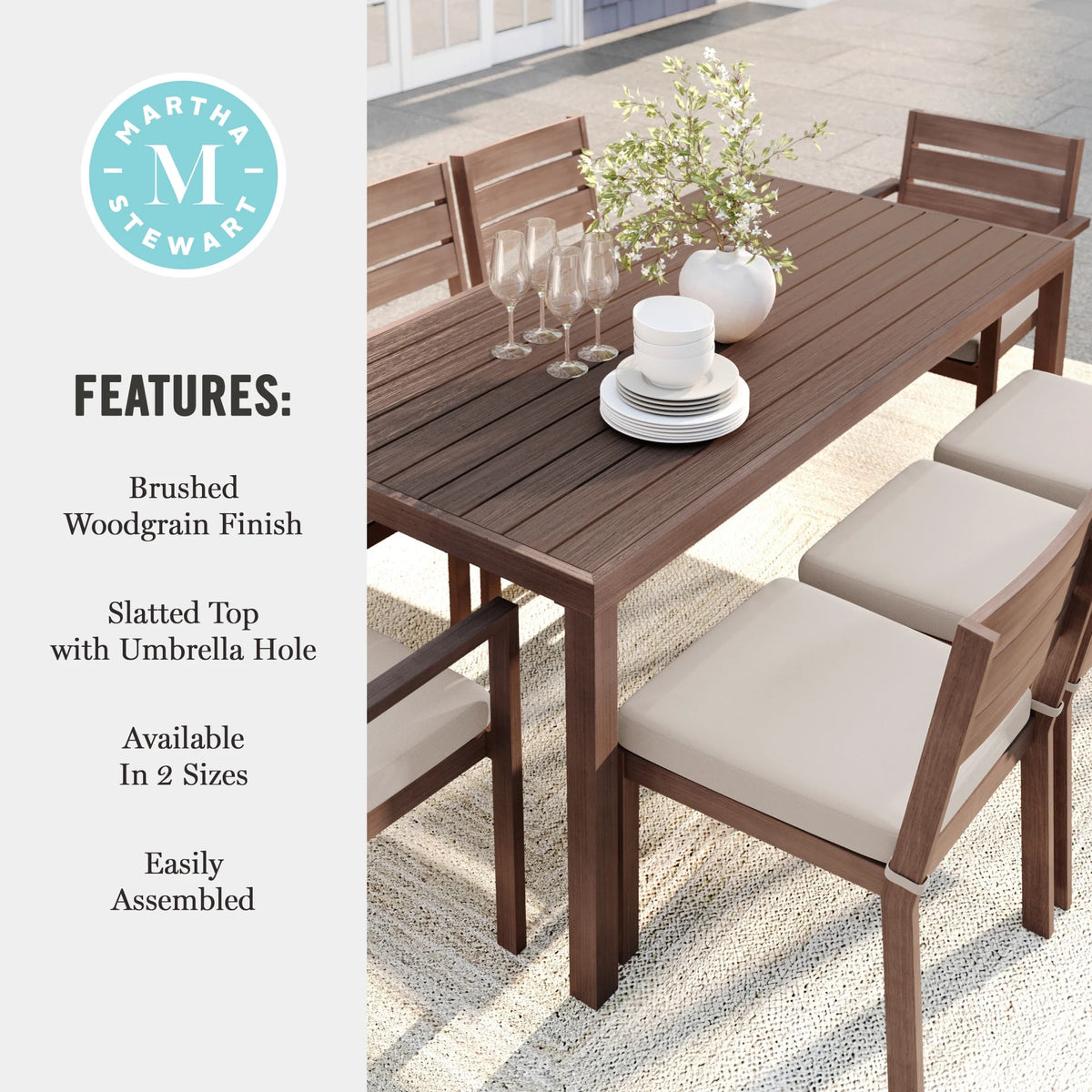 Martha Stewart 71" Indoor-Outdoor Patio Table with Gray Brushed Woodgrain Aluminum Finish