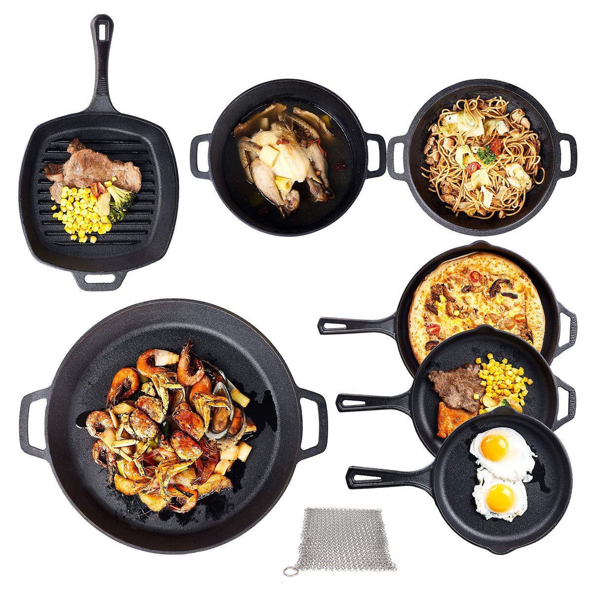 Bruntmor Pre-Seasoned Cast Iron Cookware Set - 8-Piece Bundle with Skillets, Grill Pan, Dutch Oven, Pizza Pan, and Utensils - Durable Pots and Pans Set for Cooking - Ideal Gift for Home or Camping