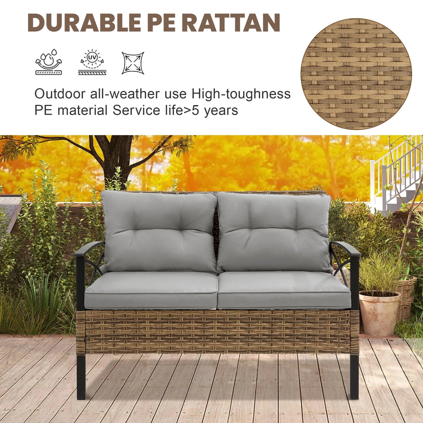 Heavy-duty Patio Furniture Set, 4 Piece Outdoor Sectional Conversation Sets, BrownPE Rattan Patio Sofa Set with Blue Cushions