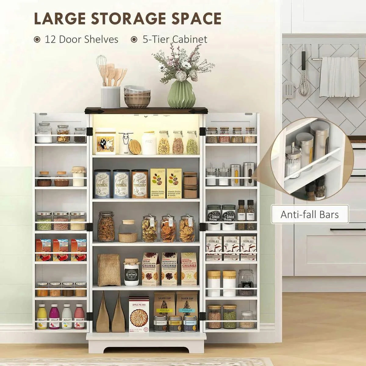 Spaco 17-Tier Kitchen Small Pantry Cabinet with 2 Doors and 6 Adjustable Shelves, Cabinet Pantry, Freestanding 5-Tier Shelving Pantries for Kitchen Storage, Gray