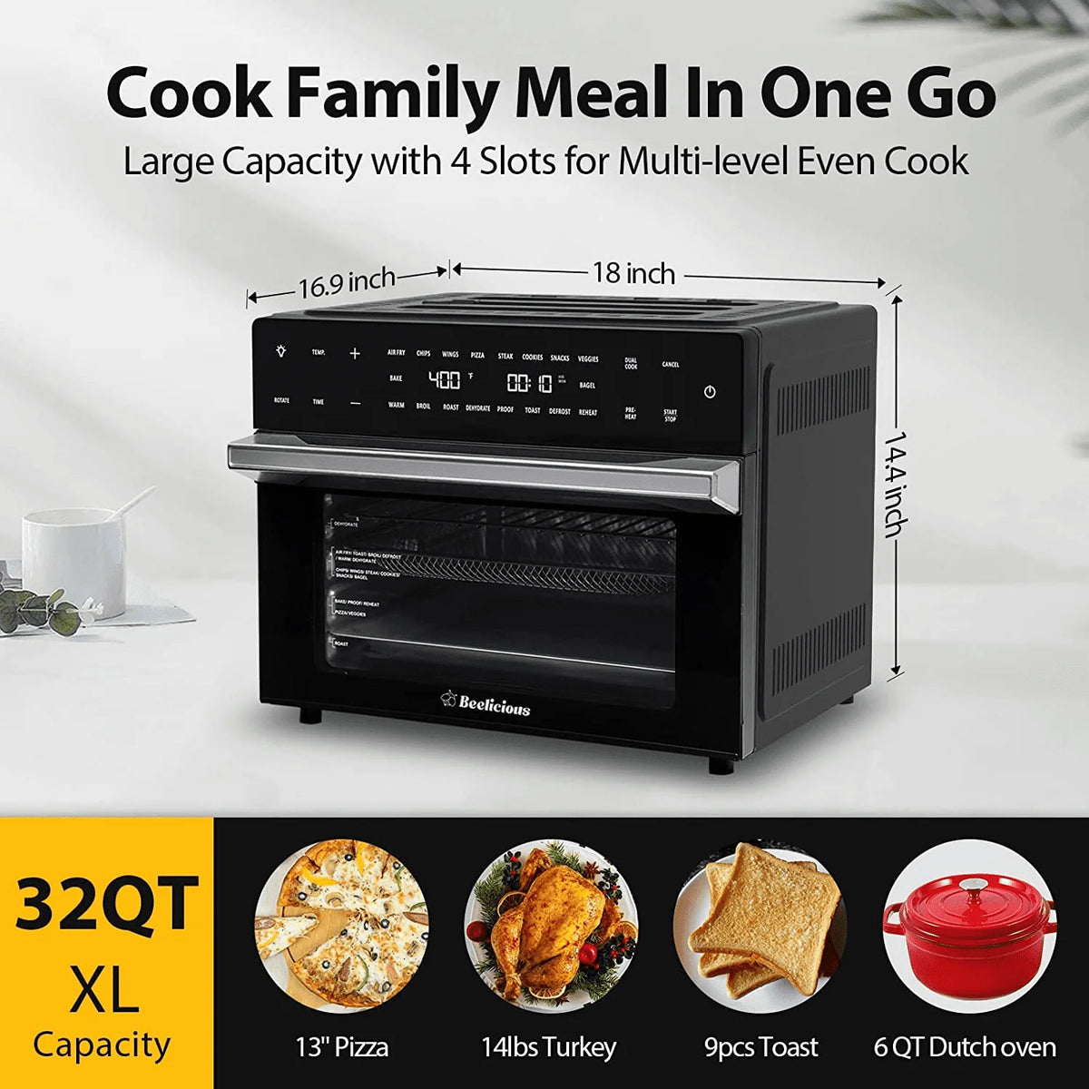 Beelicious® 32QT Extra Large Air Fryer Toaster Ovens Pro, with Rotisserie and Dehydrator, Smart Digital Toaster Oven Air Fryer Combo, Digital Countertop Convection Oven, 6 Accessories, 1800w, Black