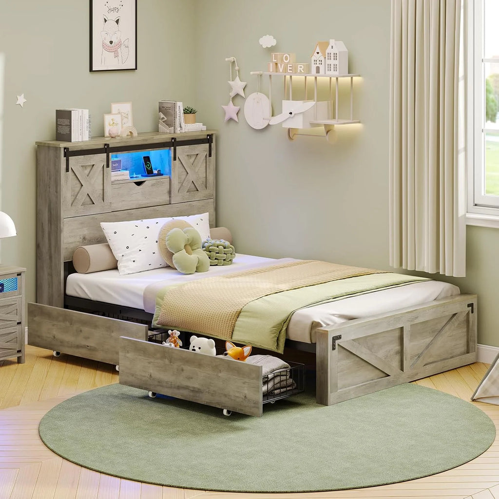 Twin XL Size Bed Frame with Headboard and Drawers, Farmhouse Twin XL Platform Bed Frame with LED Lights and Charging Station, No Box Spring Needed,Gray