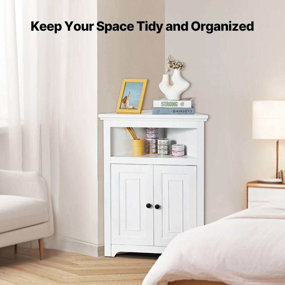 KFFKFF 32" Corner Utility Cabinet, Tri-Level Compact Storage Unit with Dual Wooden Doors & Flexible Shelving, Independent Corner Cabinet for Lounge, Kitchen, Laundry Area, Restroom, in White