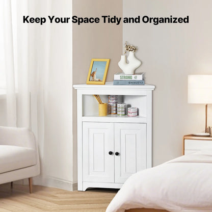 KFFKFF 32" Corner Utility Cabinet, Tri-Level Compact Storage Unit with Dual Wooden Doors & Flexible Shelving, Independent Corner Cabinet for Lounge, Kitchen, Laundry Area, Restroom, in White