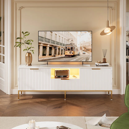 Bestier 55" LED TV Stand for TVs up to 60" Modern High Gloss Entertainment Center with Drawers Cabinets Fluted TV Console, White & Gold