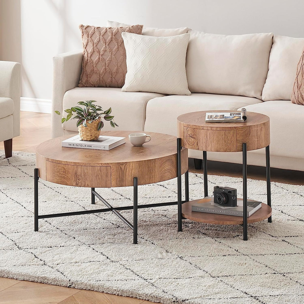 Round Coffee Table with Drawers Circle Living Room Table Wood Accent Coffee Table with Storage White Center Table (Natural)