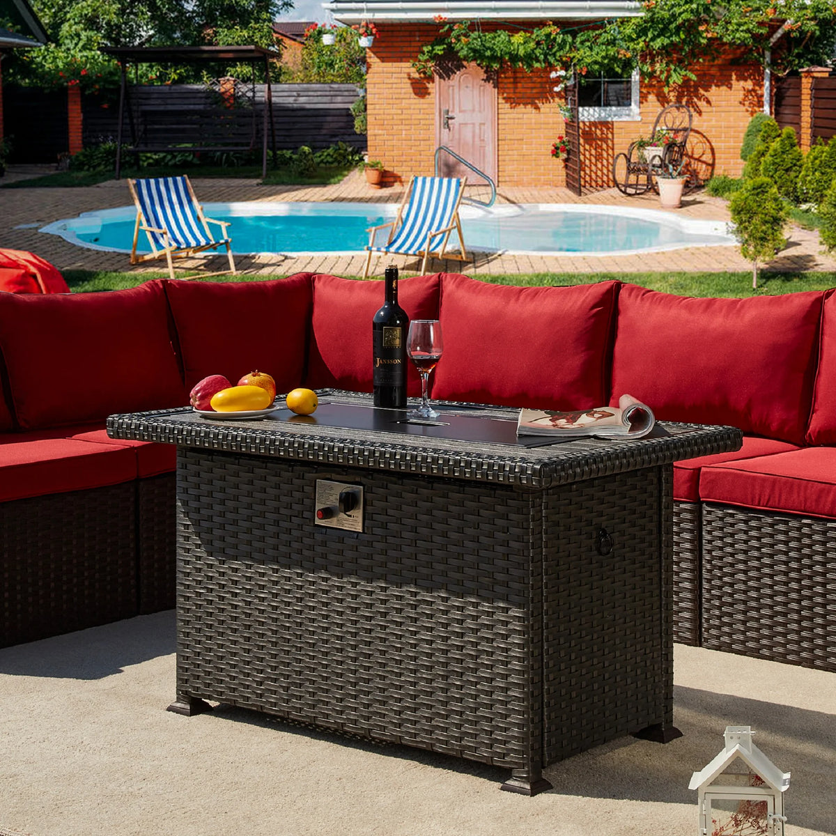 HOMREST Propane Fire Pit Table, 44 Inch 50,000 BTU Auto-Ignition Gas Fire Pit Table Rectangular /w Glass Wind Guard, Wood Plastic Composites Tabletop, CSA Certification Firepit for Outdoor Patio Lawn