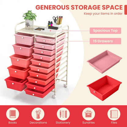 Costway 15 Drawer Rolling Storage Cart Tools Scrapbook Paper Office School Organizer White