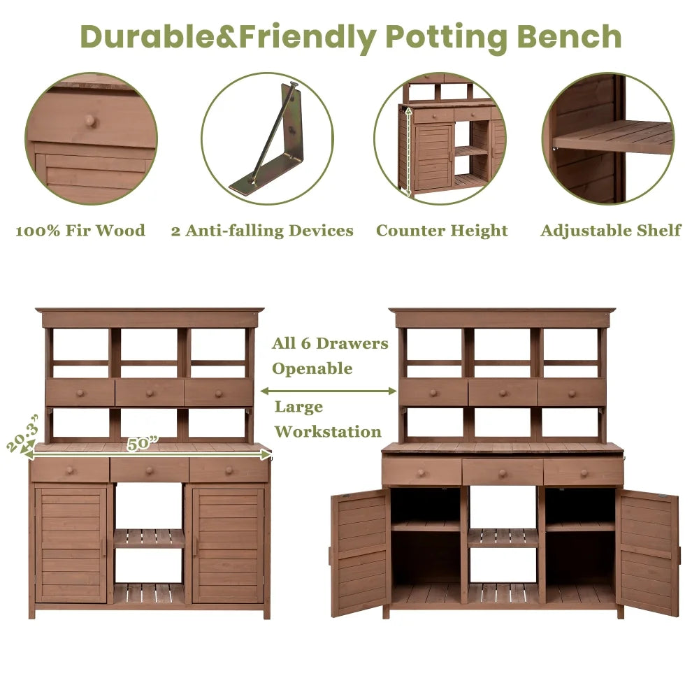 Rustic 65.7'' Tall Garden Potting Bench Table with Hutch, 3 Shelves, 6 Drawers, 2 Cabinets & 3 Side Hooks for Mudroom, Patio, 3 Color