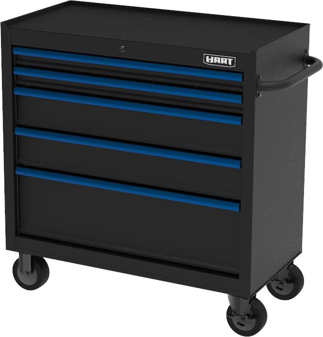 HART 36-Inch 5-Drawer Rolling Tool Cabinet with Wood Top, Locking Steel Garage Storage, Black