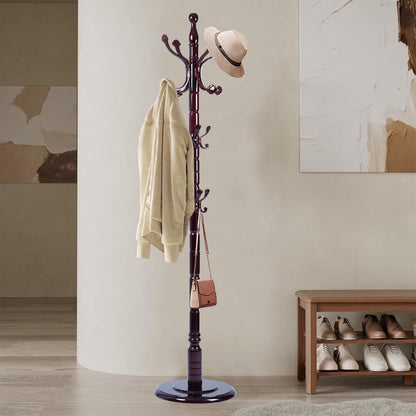 Coat Rack Freestanding, Hall Tree with 11 Hooks, Heavy Duty Wooden Coat Tree Stand, Adjustable Height, Sturdy Base for Bedroom Hallway Office - Load 270lbs