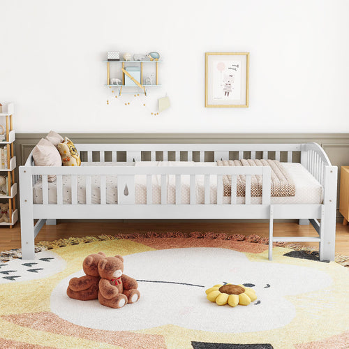 SESSLIFE Twin Size Platform Bed, Solid Wood Twin Bed Frame with Slats, Fence Guardrail Ladder, Twin Floor Bed with Strong Legs for Boys Girls, No Box Spring Needed, Holds 400 lbs, White