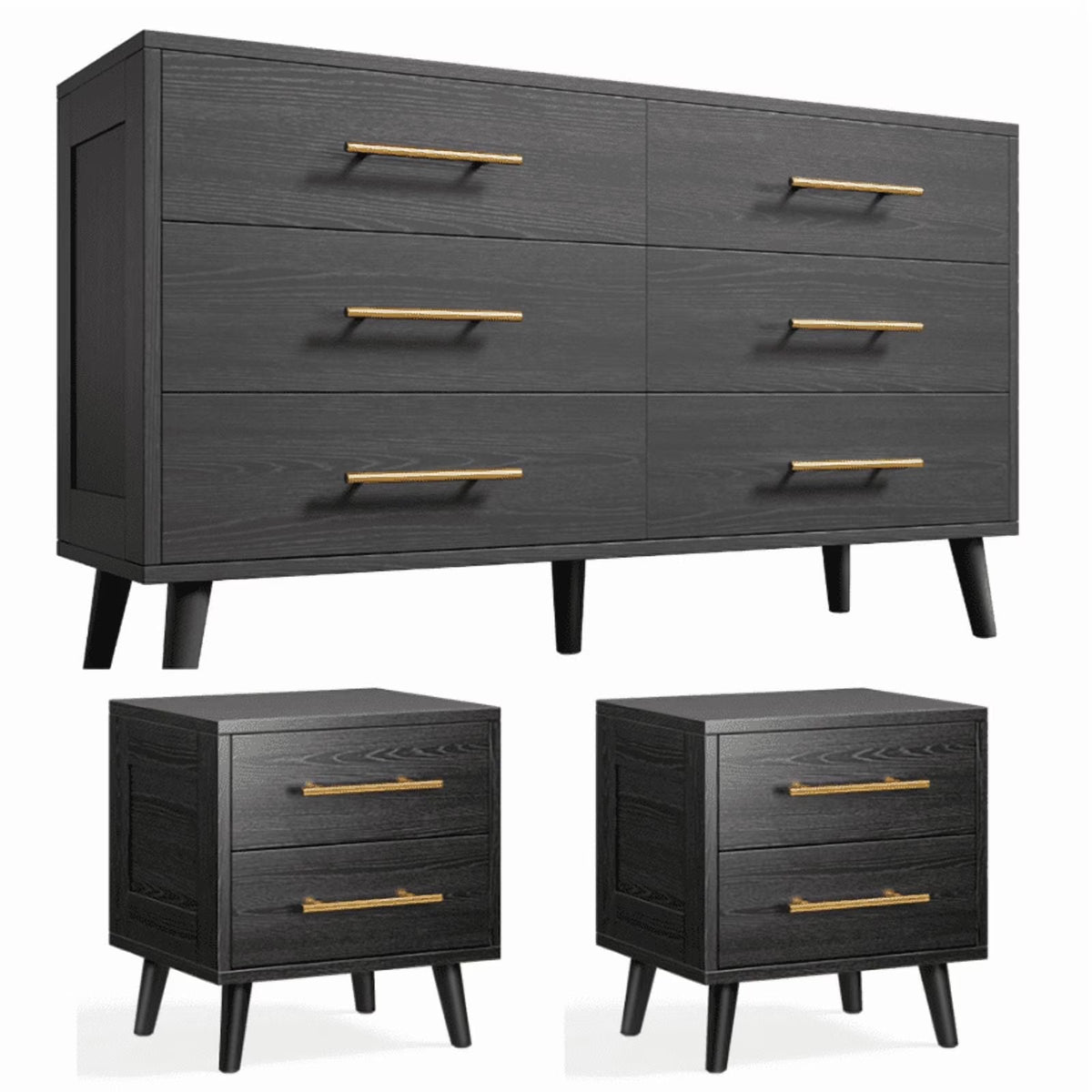 Noelse 3 Piece Bedroom Furniture Set, 6 Drawer Dresser with 2 Nightstands, Modern Wood Storage Organizer with Metal Handles for Bedroom, Living Room,Black