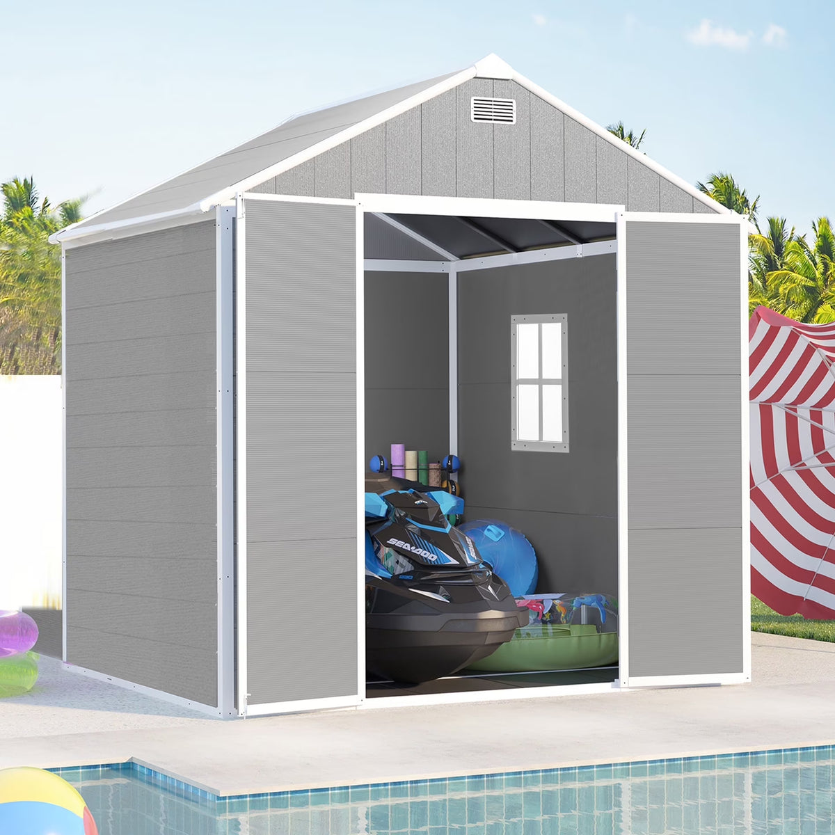 Outdoor Shed & Storage, Seizeen All-Weather Plastic Sheds 82'' H, Sloped Top Garden Shed with Window, Heavy-Duty Resin Outdoor Storage W/Floor, Gray