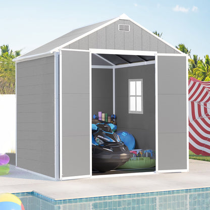 Outdoor Shed & Storage, Seizeen All-Weather Plastic Sheds 82'' H, Sloped Top Garden Shed with Window, Heavy-Duty Resin Outdoor Storage W/Floor, Gray