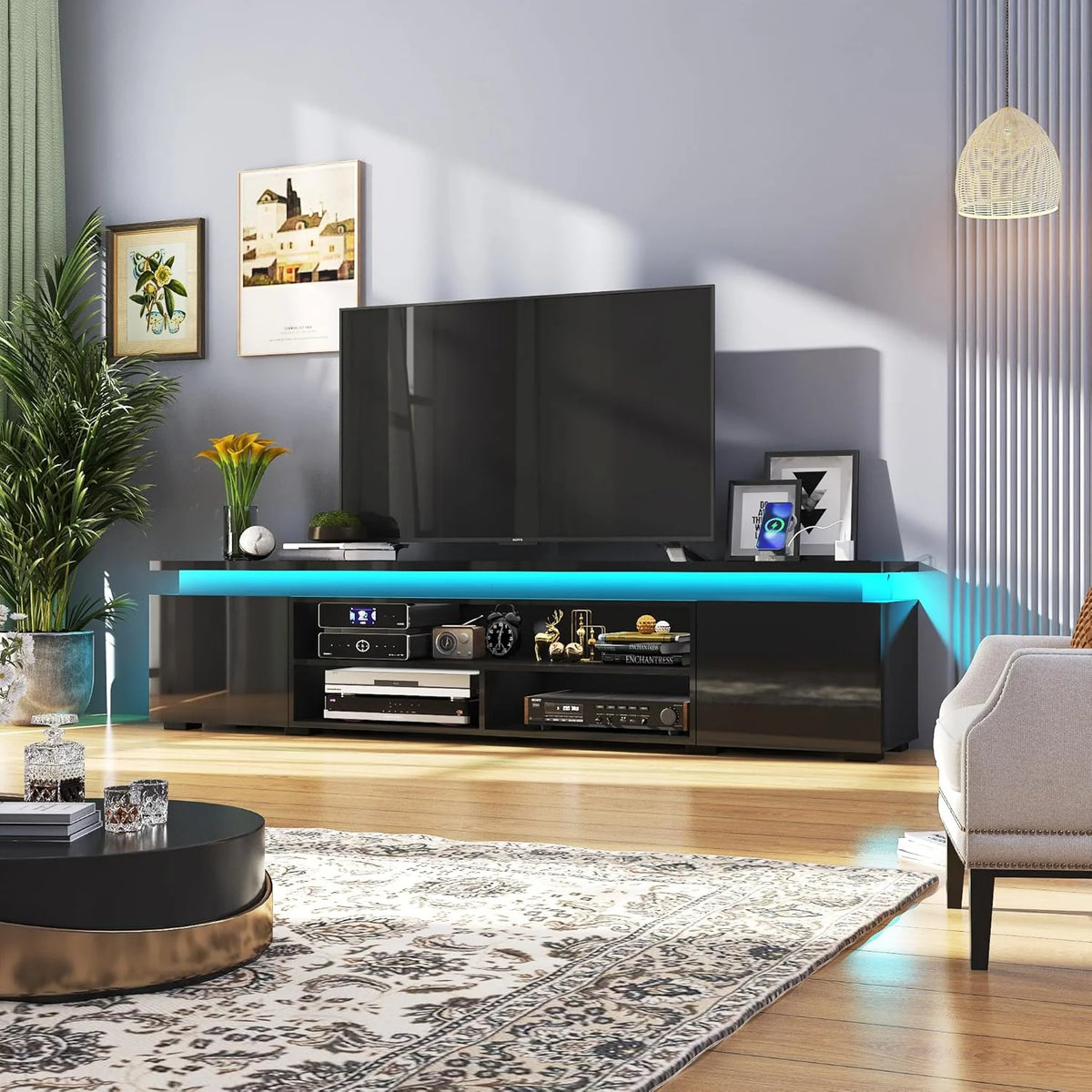 LED TV Stand for up to 85" TVs with Power Outlet, 75" Large Entertainment Center Console Table Gaming Soundbar Shelf with 2 Storage Cabinets