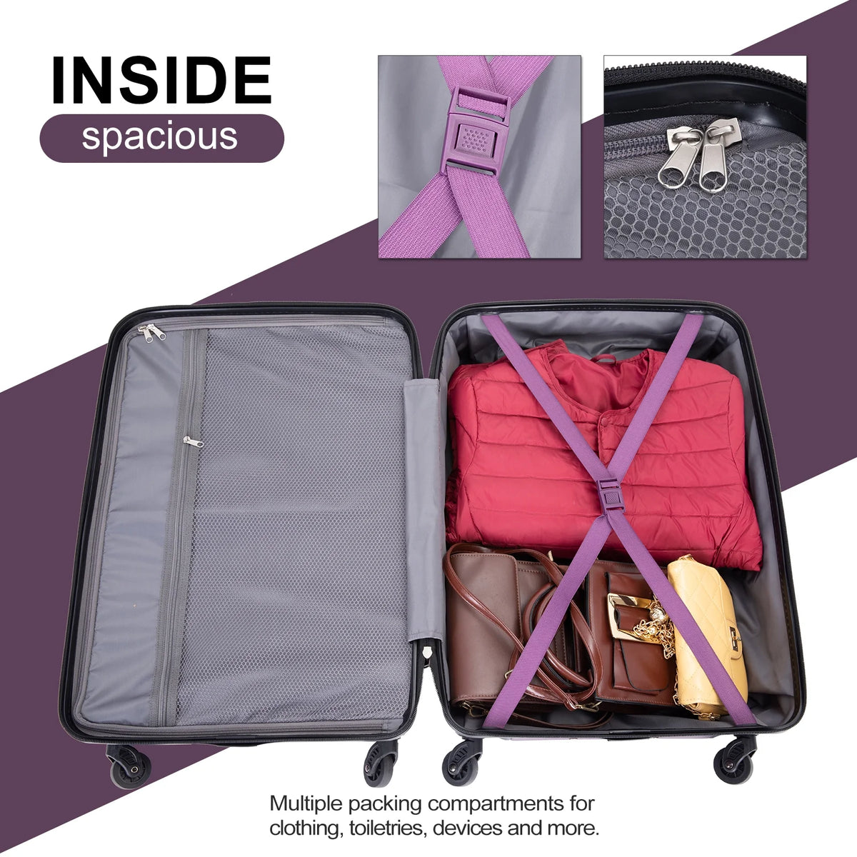 Tripcomp Hardside Luggage Set 3-Piece Set (21/25/29) Lightweight Suitcase 4-Wheeled Suitcase Set(Purple)