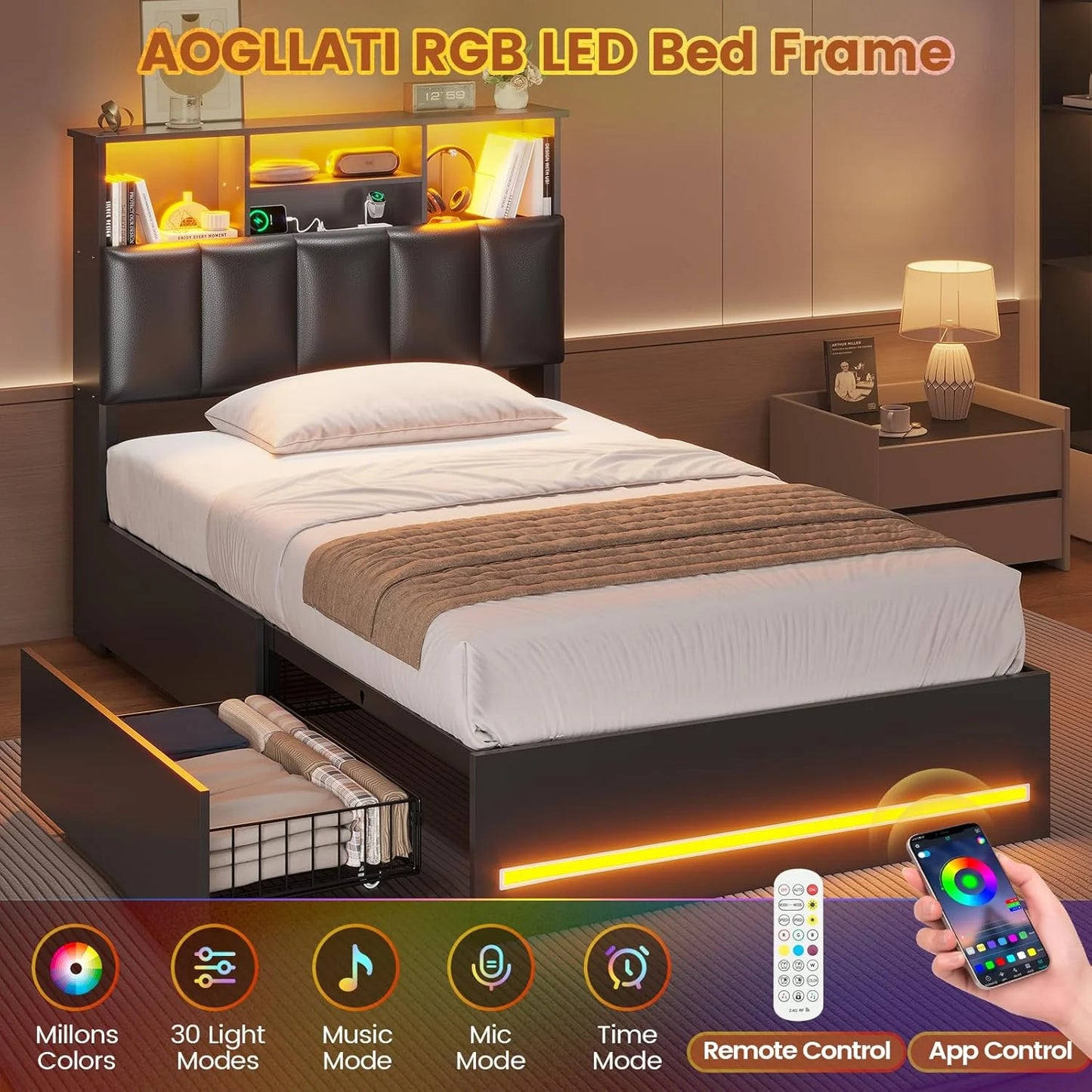 AOGLLATI Upholstered Platform Twin Bed with 4 Storage Drawers & Charging Station & LED Lights, Black