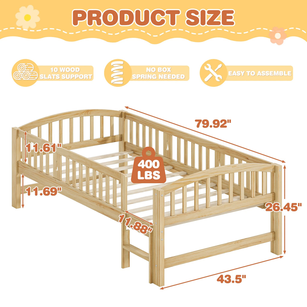 SESSLIFE Twin Size Platform Bed, Solid Wood Twin Bed Frame with Slats, Fence Guardrail Ladder, Twin Floor Bed with Strong Legs for Boys Girls, No Box Spring Needed, Holds 400 lbs, White