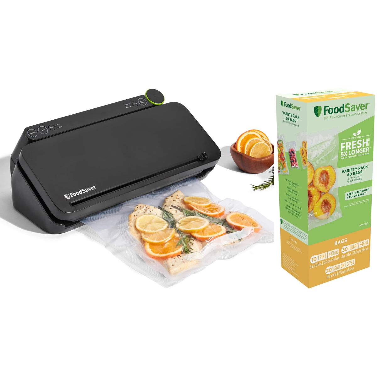 FoodSaver 2-in-1 Vacuum Sealer Machine Starter Kit with (60) Pre-Cut Bags, Professional Food Sealer With Built-In Handheld, Heavy Duty Construction, Complete Starter System for Bulk Food Storage & Freezer Meals