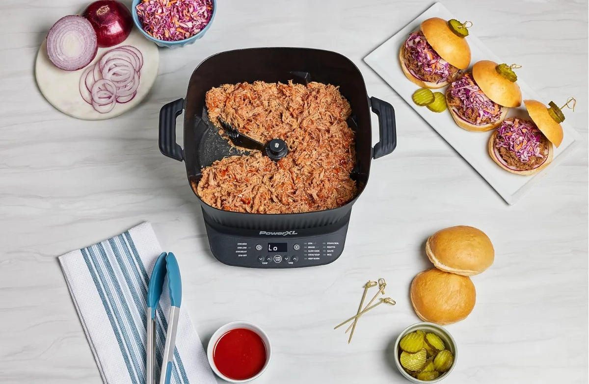 Power XL StirMax 7.5 Qt Multi-Cooker with Auto Stir/Shred Paddle and 9 Presets, Matte Black