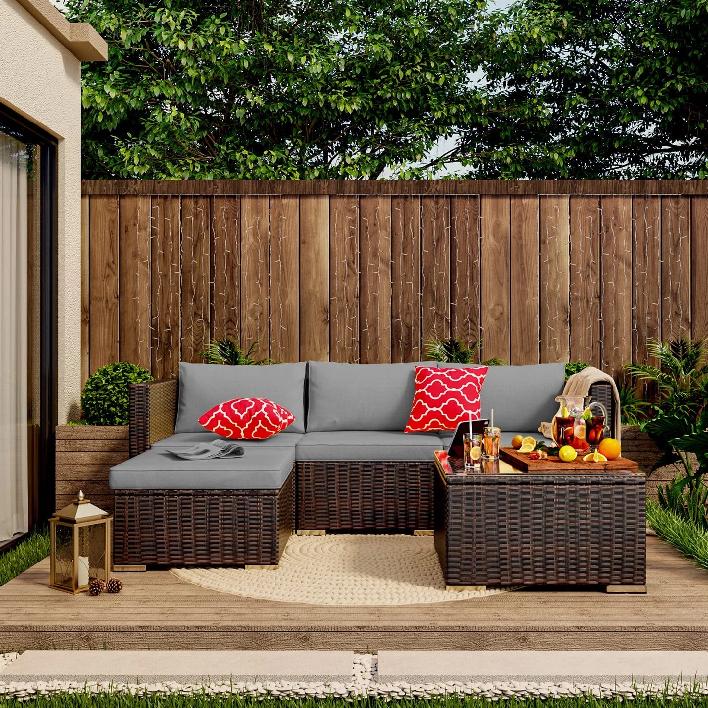 Patio Furniture Set Clearance, Lofka 5 Pieces Patio Conversation Set with Sofas and Tempered Glass Coffee Table for Outdoor Garden Gray
