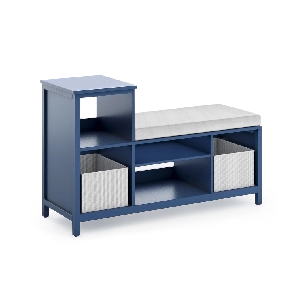 Martha Stewart Kids' Jr. Reading Nook with Bins - Linen White: Kids Wood Bookshelf and Storage Bench with Open Shelves and Canvas Storage Bins for Toys, Games, and Books