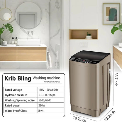 Full-Automatic Washing Machine, Portable Laundry Washer, Compact 17.7 lbs, LED Display, Drain Pump, 10 Wash Programs 8 Water Levels